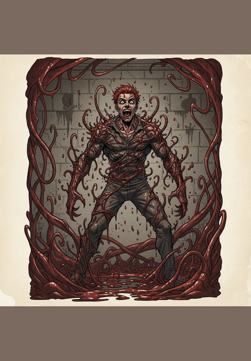 Suddenly, Carnage’s back erupts into a pair of massive, leathery wings made of living ichor and hardened blood. He beats them once, creating a shockwave that shatters nearby windows, signaling his transition from a ground predator to a master of the skies.