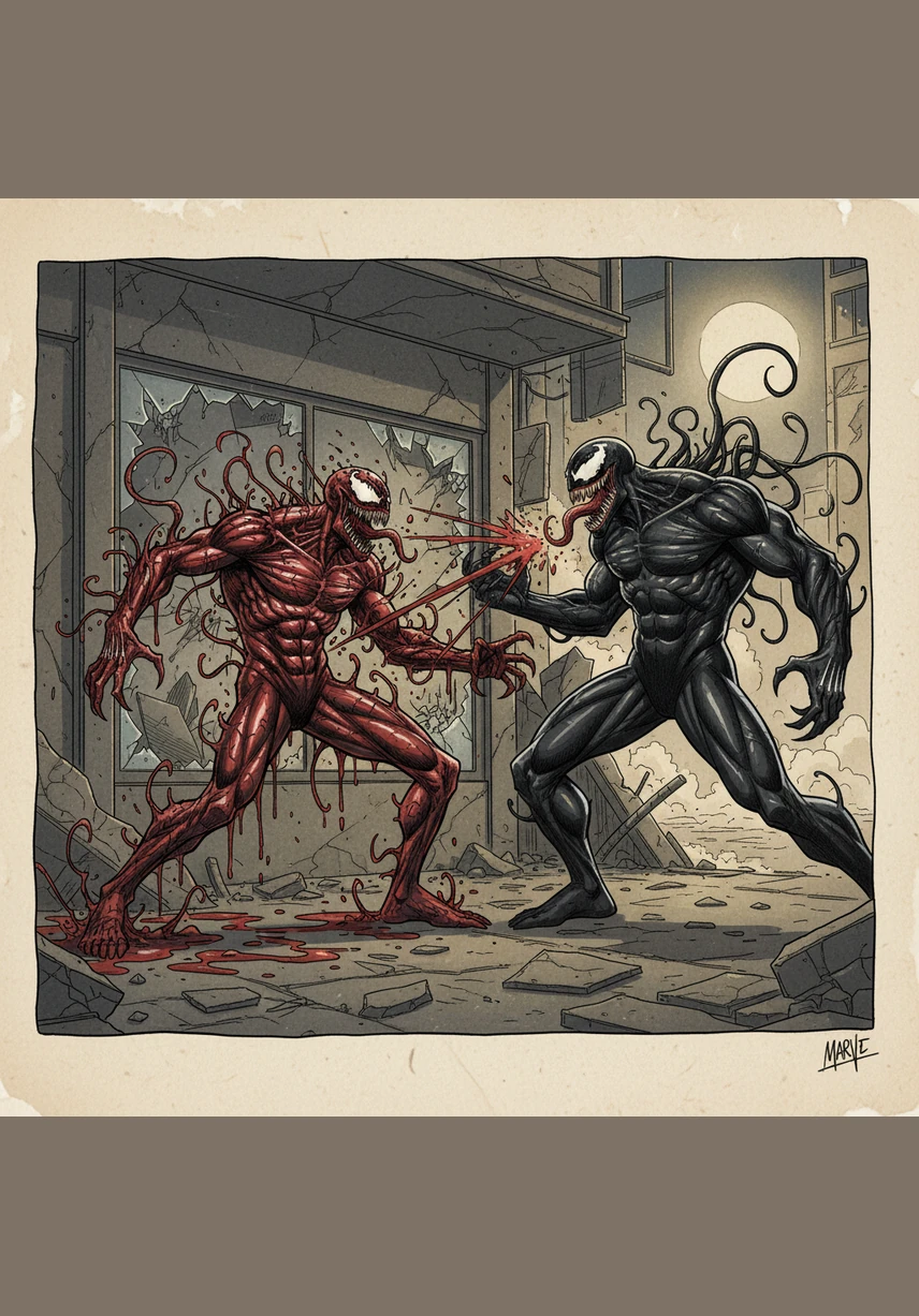 With a savage roar, Carnage lunges forward and sinks his talons deep into Venom’s chest, lifting the heavier symbiote off the ground as if he weighed nothing. Venom claws at the red mass, but Carnage’s strength is absolute, fueled by a primal need to surpass his creator.