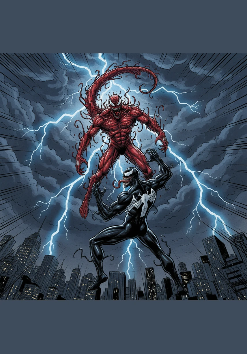 The two monsters ascend rapidly into the stormy night sky, leaving the city streets far below as they pierce through the layer of thick, gray clouds. Carnage’s wings flap with rhythmic brutality, carrying them higher into the cold, thin air where no one can hear Venom’s cries.