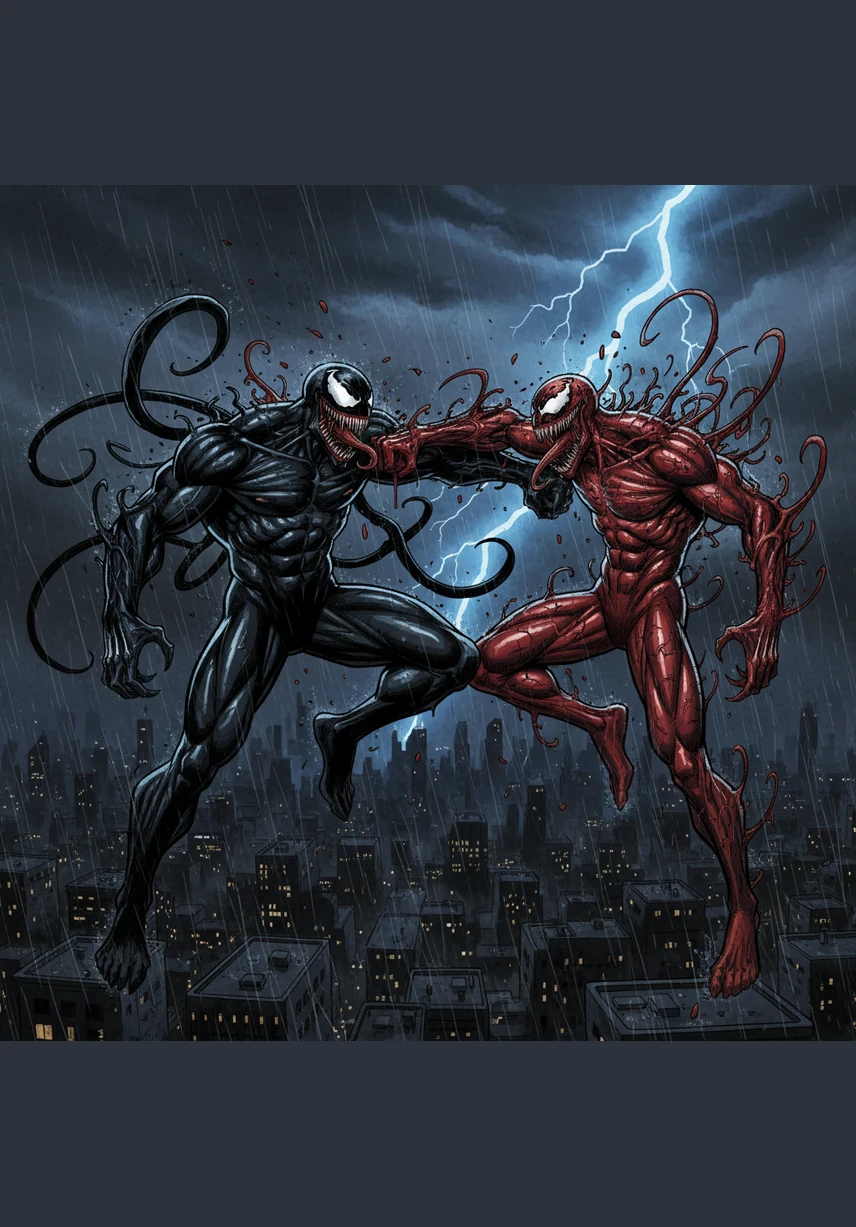 High above the world, Carnage begins his cruelest assault, morphing his free hand into a heavy, spiked flail that he rains down upon Venom’s head and torso. Each blow is designed to maximize suffering, tearing at the very essence of the black symbiote’s consciousness.
