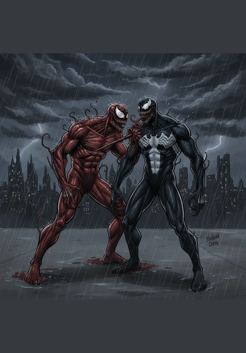 Carnage leans in close, his white eyes swirling with madness as he whispers the word Father into the howling wind. He then drives a long, needle-like spike through Venom’s shoulder, twisting it slowly to ensure every nerve fiber screams in unbearable pain.