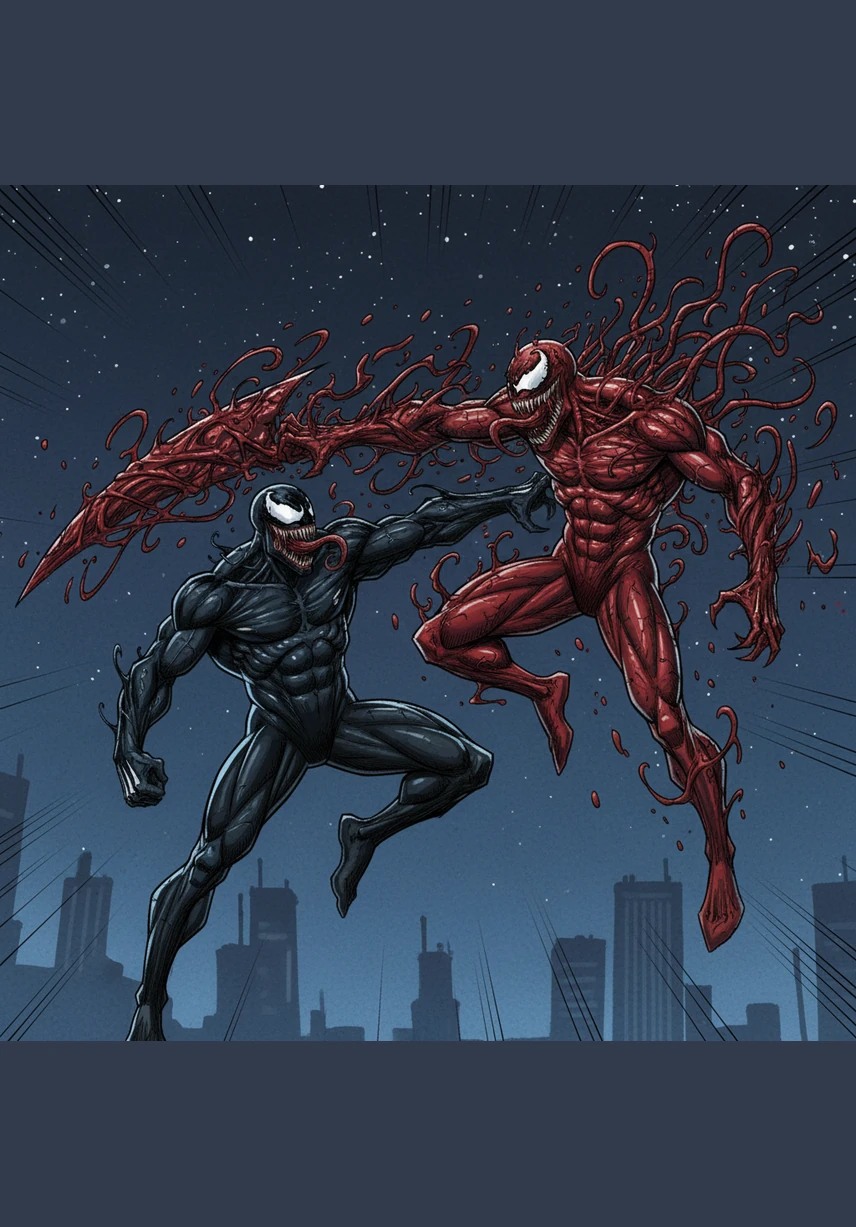 The aerial battle becomes a one-sided slaughter as Carnage uses his superior mobility to strike from every angle, never letting Venom find his footing. He shreds through the black webbing, leaving Venom’s form tattered and leaking dark essence into the void of the night sky.