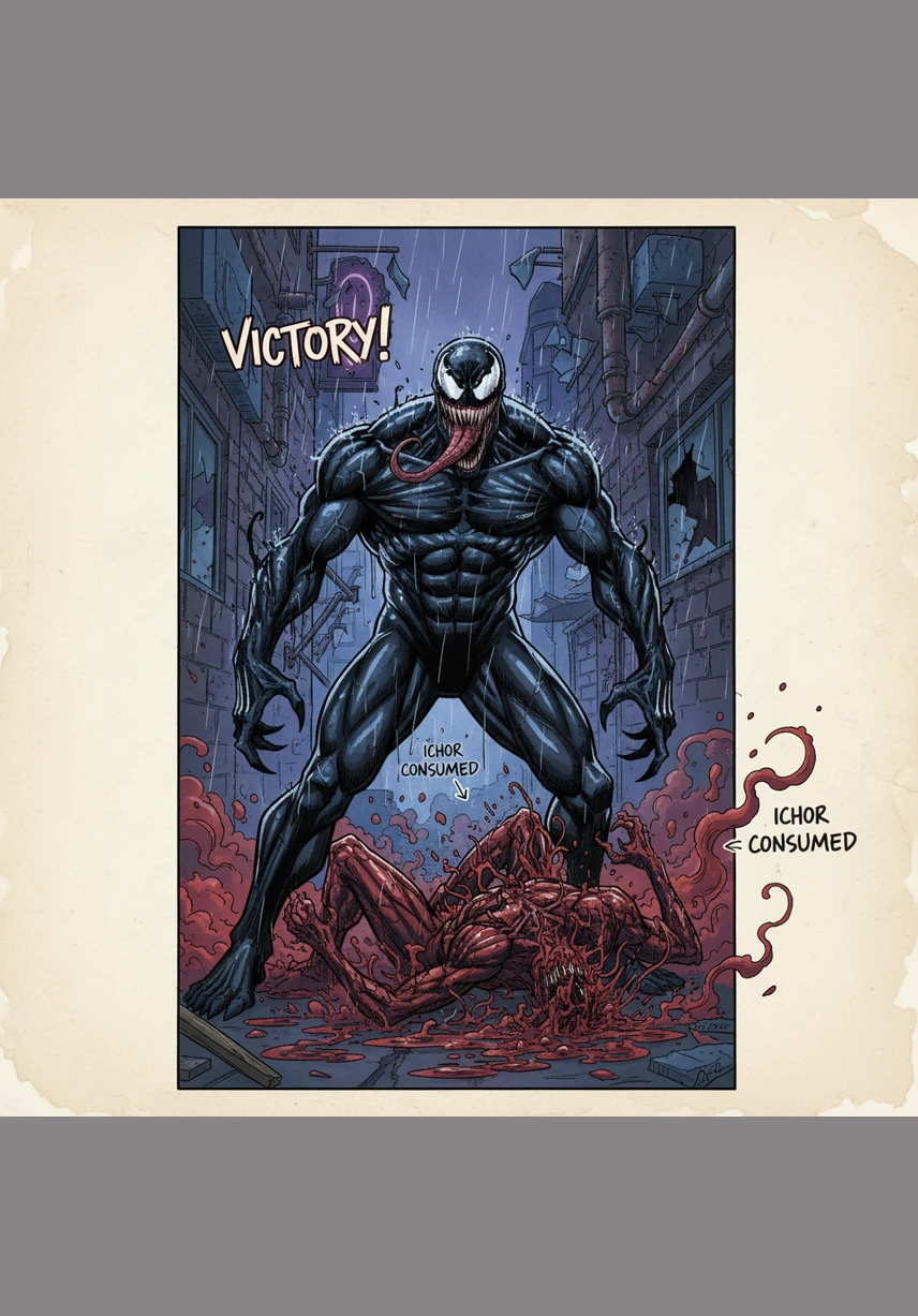 Venom hangs limp and broken in Carnage’s iron grip, his strength completely spent as the crimson monster stares down at him with pure, unadulterated malice. The power dynamic has shifted forever, leaving the progenitor at the mercy of his most violent creation.