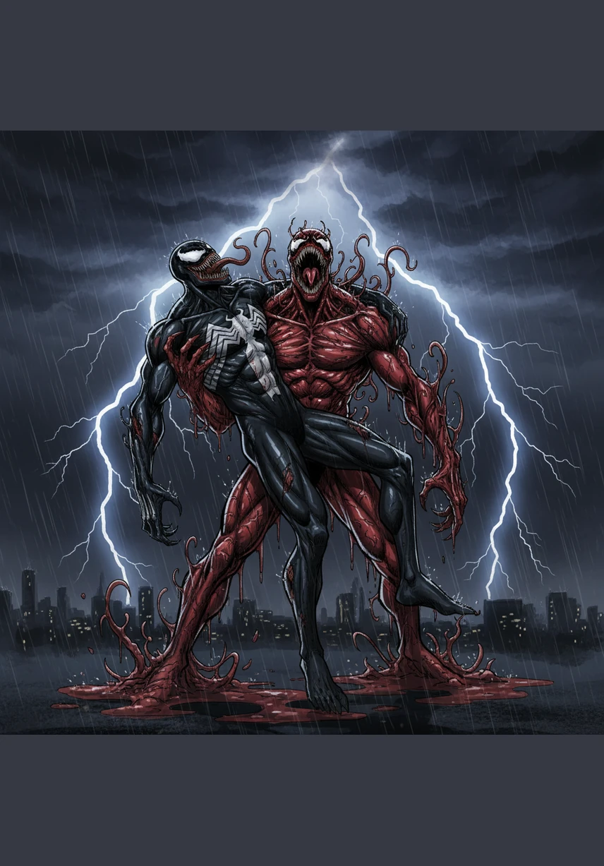 As lightning illuminates the sky, Carnage lets out a triumphant scream that drowns out the thunder, holding his battered father aloft like a trophy. He reigns supreme in the heavens, a god of chaos who has finally broken the chains of his lineage.