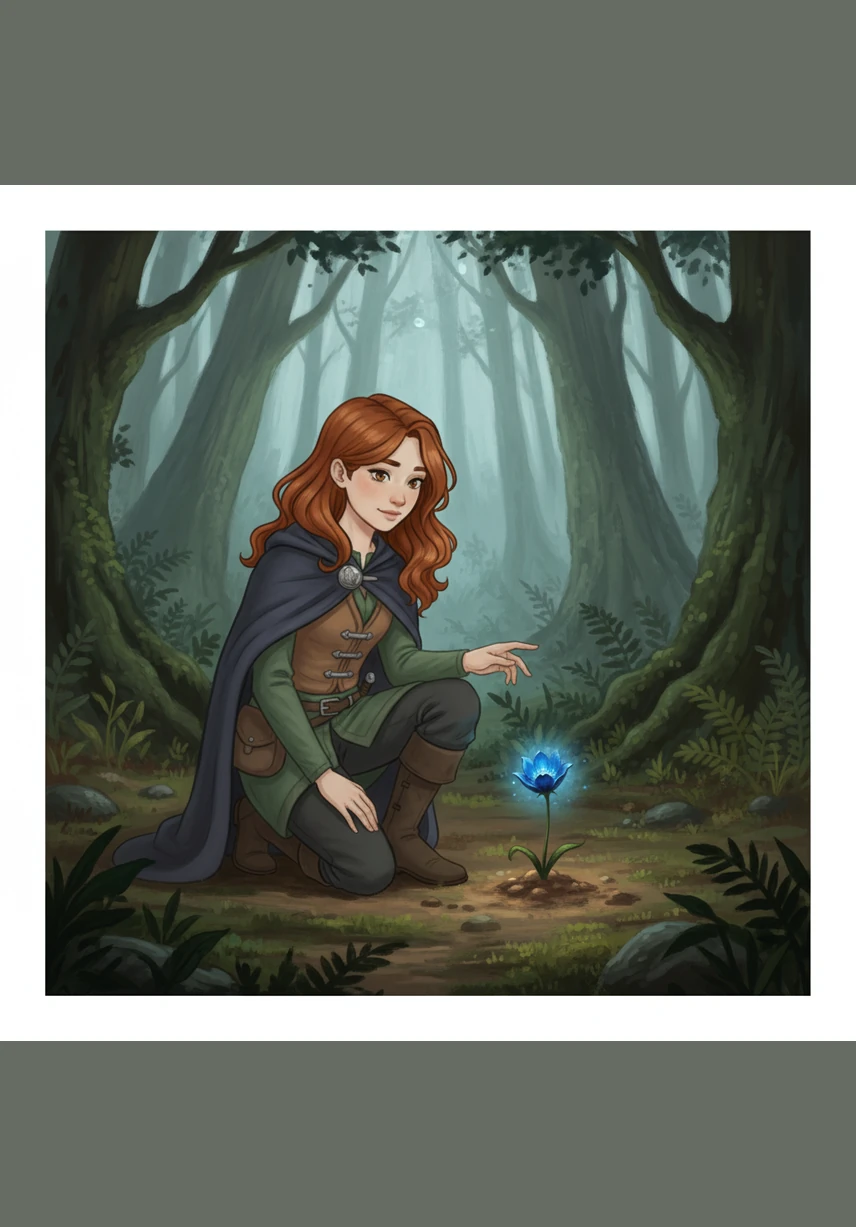 В маленькой, серой деревушке жила девочка по имени Айлин, чьё сердце было переполнено теплом и заботой. Однажды в заброшенном уголке старого сада она нашла крошечный, почти увядший голубой цветок, который едва держался на тонком стебле.