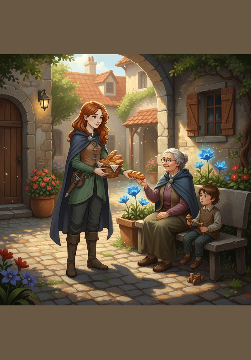 Девочка продолжала творить добро: она помогла пожилой соседке собрать рассыпавшиеся яблоки и утешила плачущего малыша. С каждым её благородным поступком стебель цветка становился крепче, а его сияние — отчетливее.