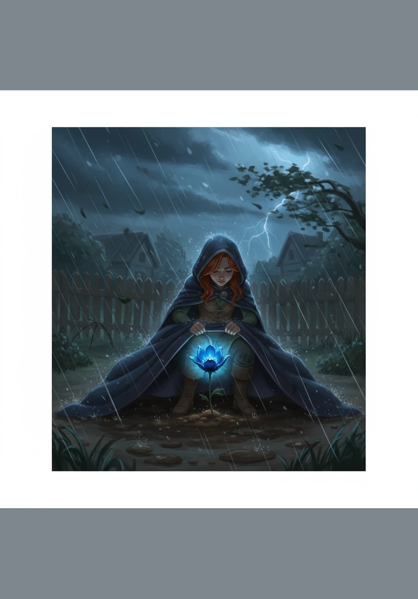 Когда на деревню обрушилась сильная ночная буря, Айлин не испугалась и поспешила в сад. Она укрыла хрупкое растение своим теплым плащом, защищая его от порывов ледяного ветра и проливного дождя.