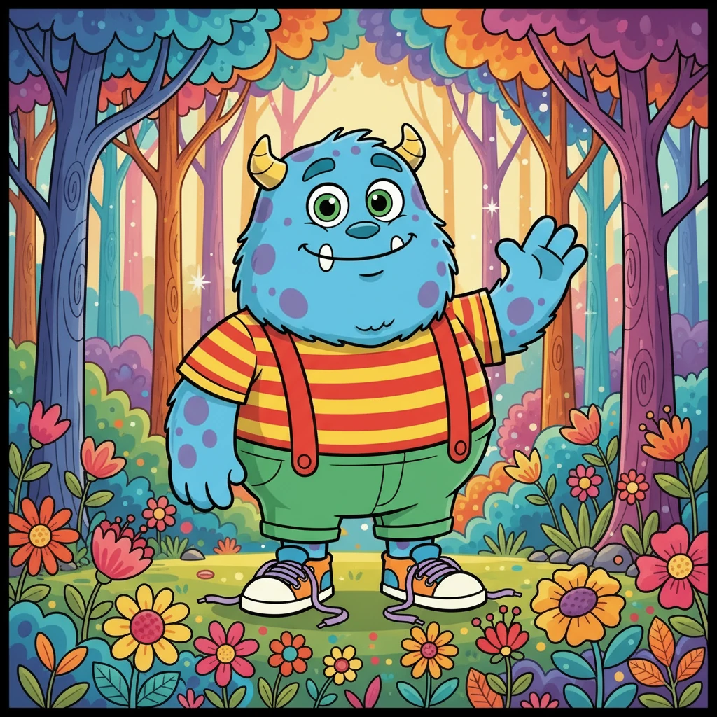 No coração de um bosque encantado, vivia Bobi, um monstro com três cabeças, um olho só, e um corpo cheio de espinhos. Apesar de sua aparência incomum, Bobi era muito gentil e adorava fazer novos amigos. Ele vivia cercado por árvores coloridas e flores vibrantes.