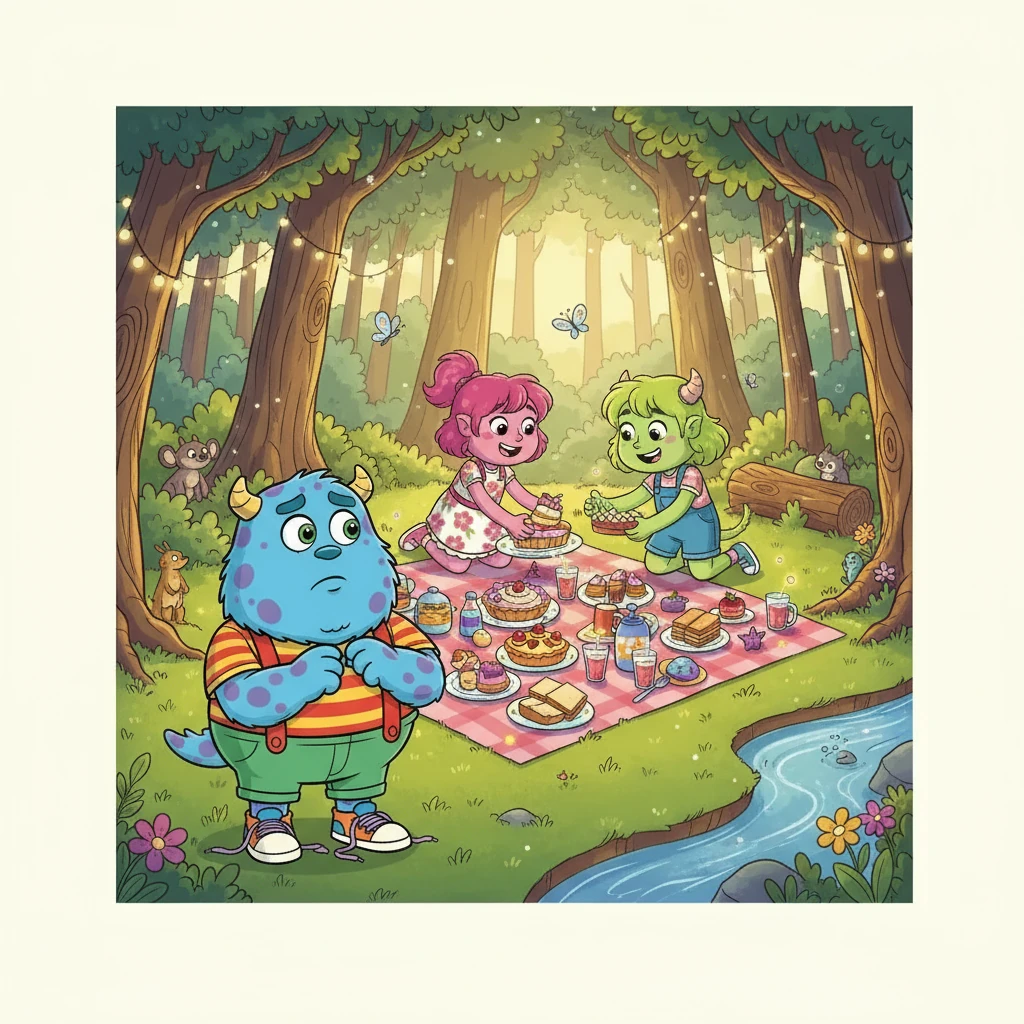 Um dia ensolarado, Valentina e Catharina tiveram uma ideia: organizar um piquenique mágico no bosque! Bobi ficou animado, mas também preocupado. Será que os outros monstros gostariam dele?