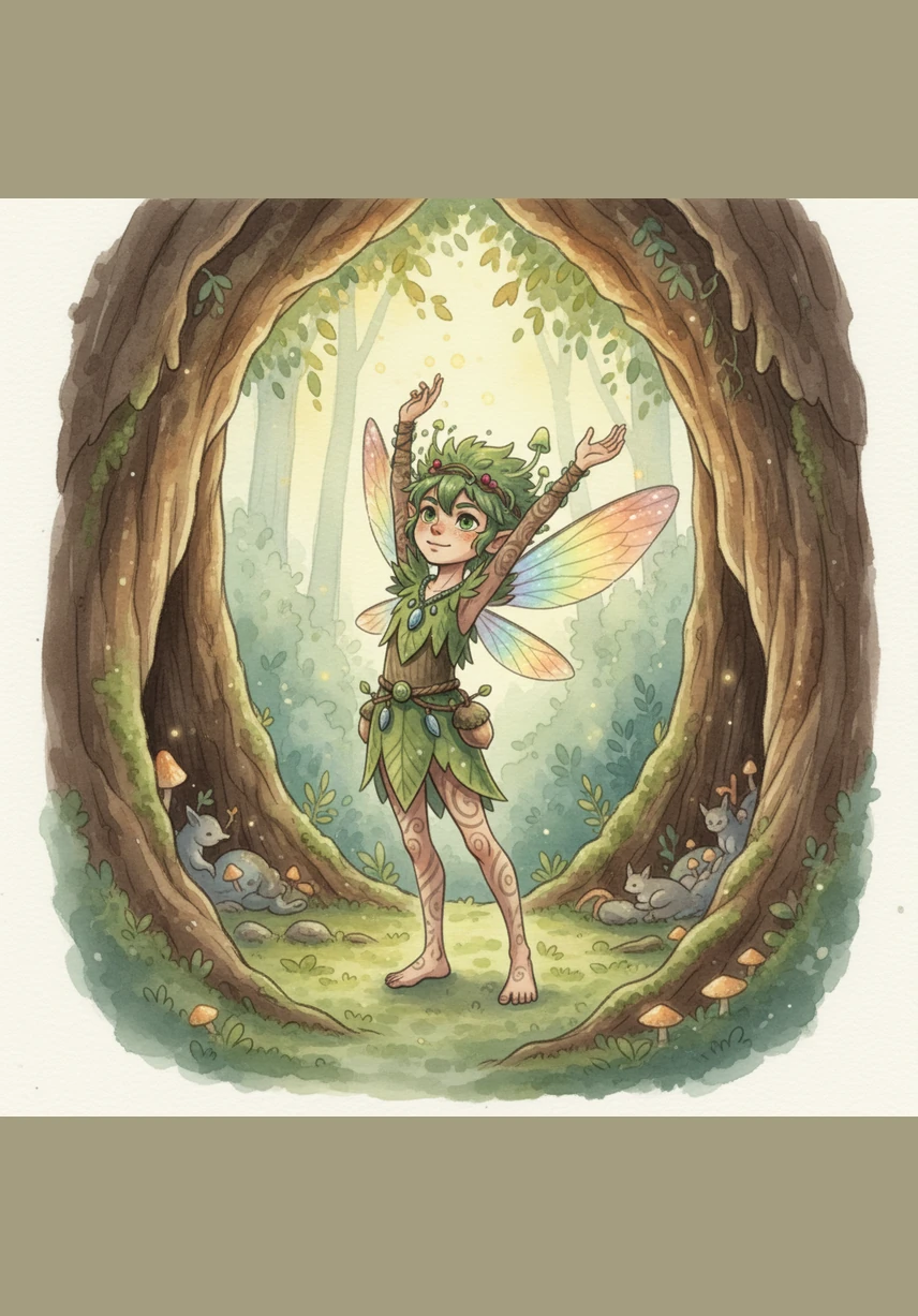 Pip the forest sprite woke up inside his cozy hollow oak tree as the first rays of morning sun peeked through the leaves. He stretched his wings, which shimmered like copper and gold, ready for a new day of exploration in the Whispering Woods.
