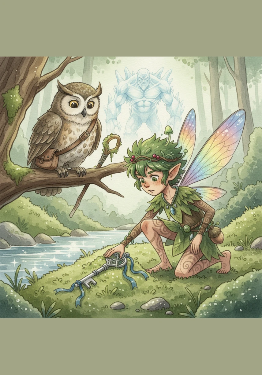 While searching for berries near the sparkling brook, Pip spotted something glinting beneath a patch of soft emerald moss. He brushed away the dew to reveal a delicate silver key tied with a weathered blue ribbon.