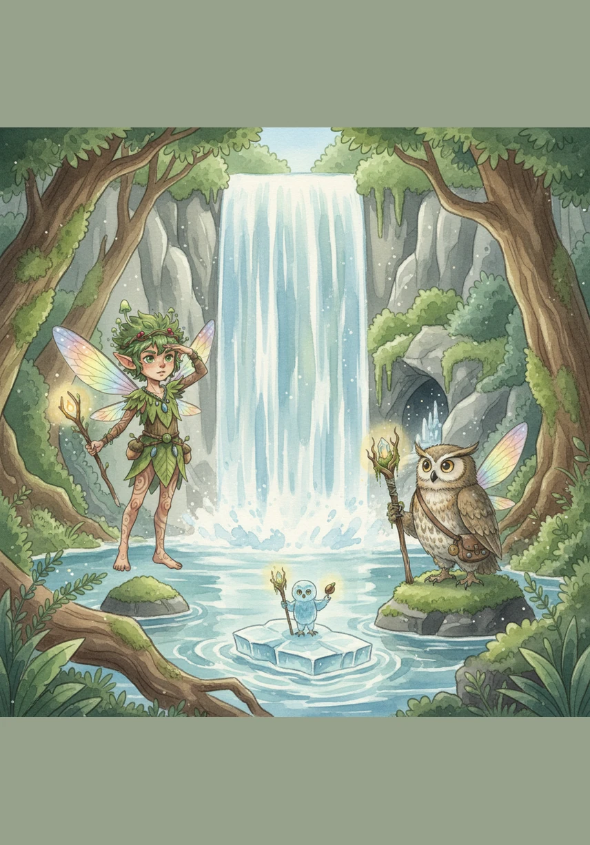 Following Barnaby's map, Pip flew toward the Great Waterfall where the water fell like liquid diamonds into a misty pool. Behind the roaring curtain of water, he found a tiny silver keyhole carved directly into the wet, mossy stone.