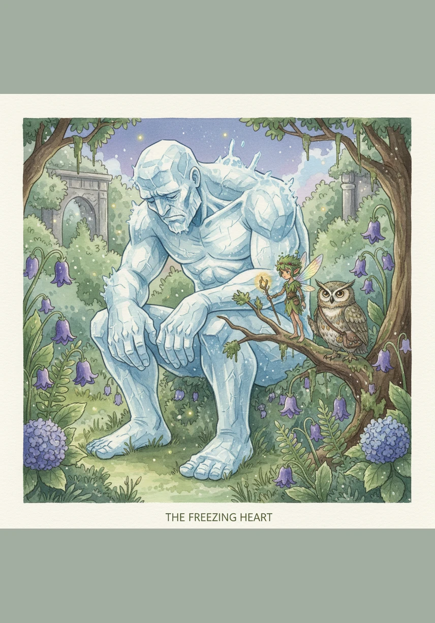 Deep in the garden, Pip found a giant made of shimmering ice sitting sadly among a field of frozen lilies. Everywhere the giant stepped, the ground turned to frost, preventing the flowers from waking up for the new season.