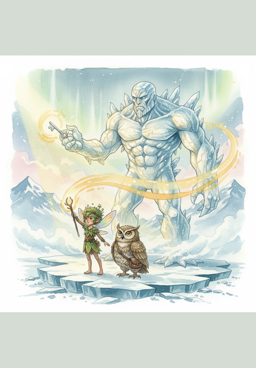 Pip realized the silver key had a second purpose and held it high toward the morning sun. The key captured the light and released a warm, golden breeze that began to swirl around the lonely icy giant.