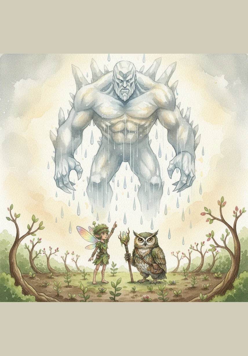 The warmth did not hurt the giant; instead, he began to soften and transform into a gentle, fluffy rain cloud. He floated high into the sky, sprinkling nourishing water over the thirsty, waking garden.
