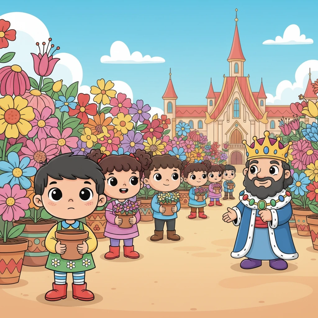 A full year later, the grand parade day arrived, and the palace grounds shimmered with a rainbow of magnificent flowers in every shape and size. Children proudly displayed pots overflowing with glorious blooms, their faces beaming with joy. Ling, however, stood bravely at the end of the line, his simple, empty pot held firmly in his hands, feeling a tiny blush of shame but a strong sense of honesty.