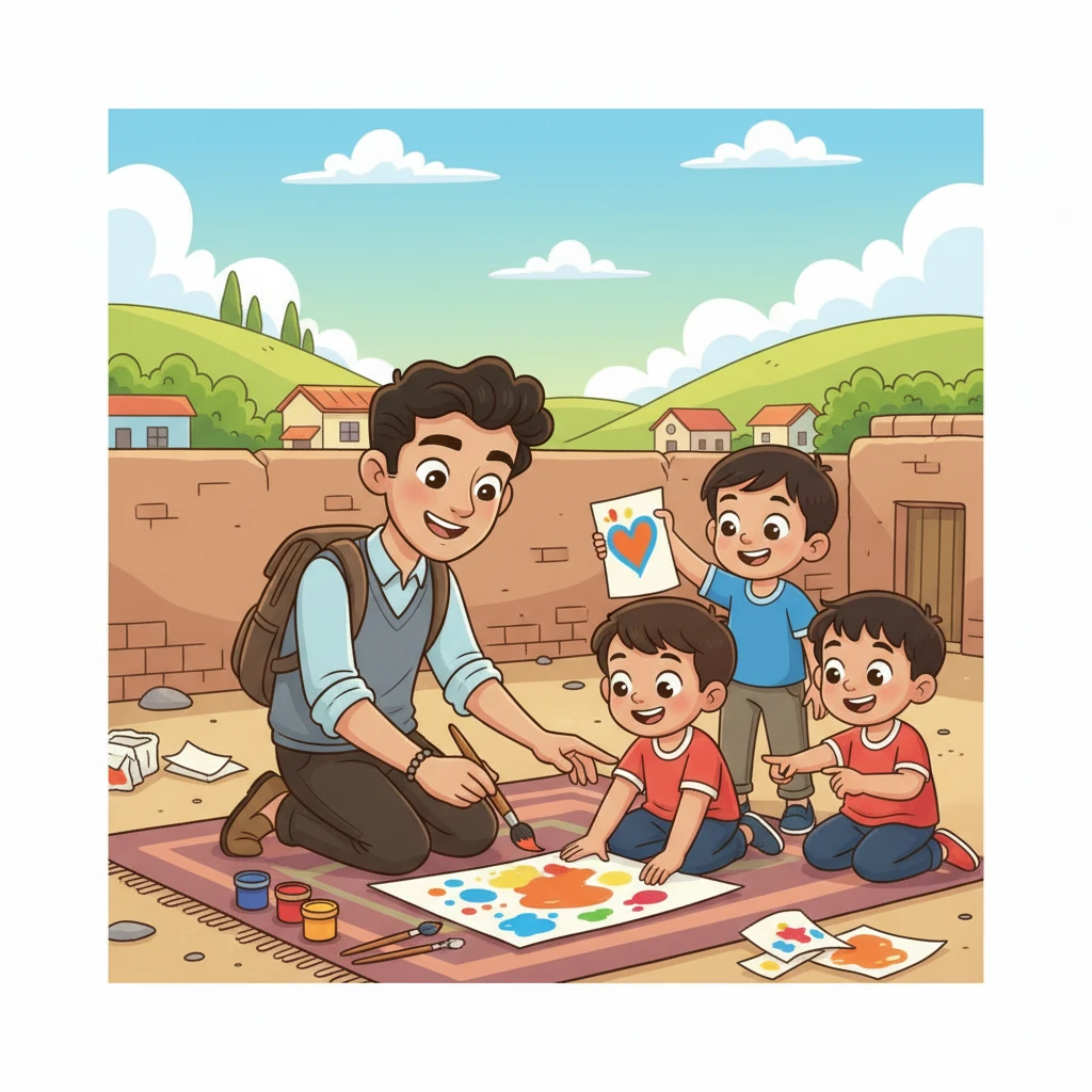 يبدأ ياسين في قضاء وقته مع الأطفال، ويساعدهم في الرسم والتلوين. تتجمع الألوان الزاهية على أوراقهم، وتتفتح الابتسامات على وجوههم الصغيرة مع كل ضربة فرشاة، ويكتشف ياسين أن هذه اللحظات البسيطة تحمل قيمة كبيرة.