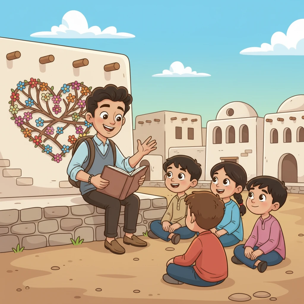 في يوم آخر، يجلس ياسين محاطًا بالأطفال، ويقرأ لهم قصة بصوت حماسي. تتسع عيونهم بالدهشة وهم يتبعون كل كلمة، وينسجمون في عالم الخيال، فيدرك ياسين أن مشاركة المعرفة يمكن أن تضيء عقولهم وتغذّي أرواحهم.