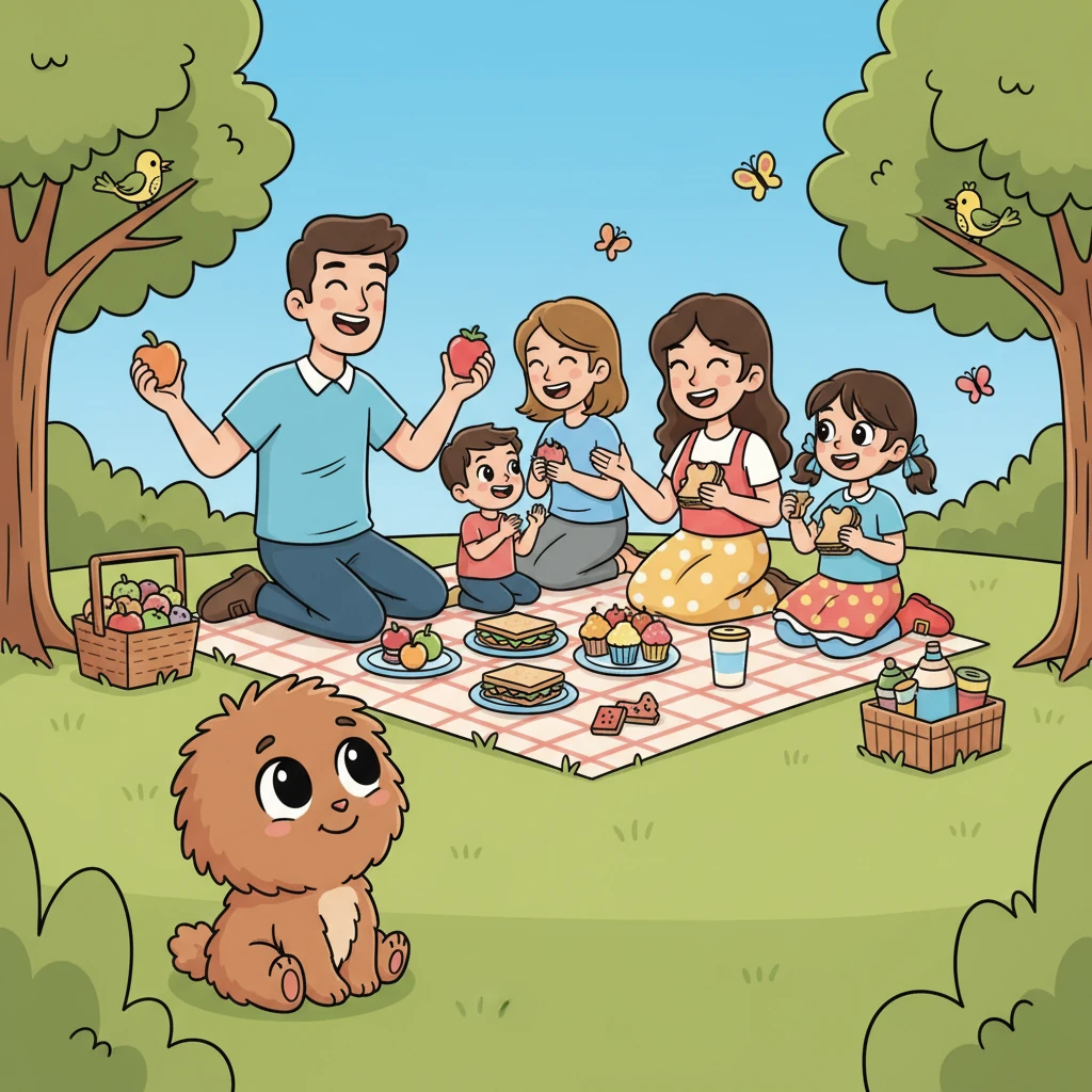 Позже Пых увидел, как семья устроила пикник на зеленой траве, смеялась и делилась вкусной едой. Он почувствовал, как счастье и покой наполняют воздух вокруг них. Это было так просто и прекрасно.