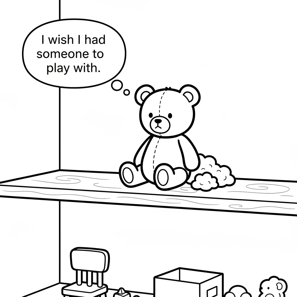 Barnaby Bear sits quietly on a high shelf. He is a little brown bear, made of soft fabric, with two button eyes and a stitched smile. He watches the r