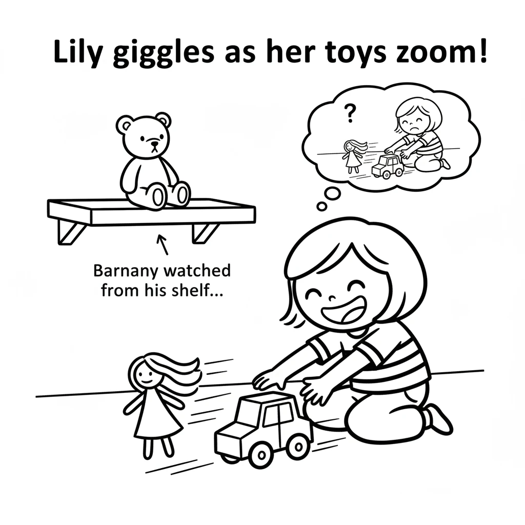 In the brightly lit room, a small girl named Lily plays with her other toys. A doll with long hair and a toy car zoom across the floor. Lily giggles,