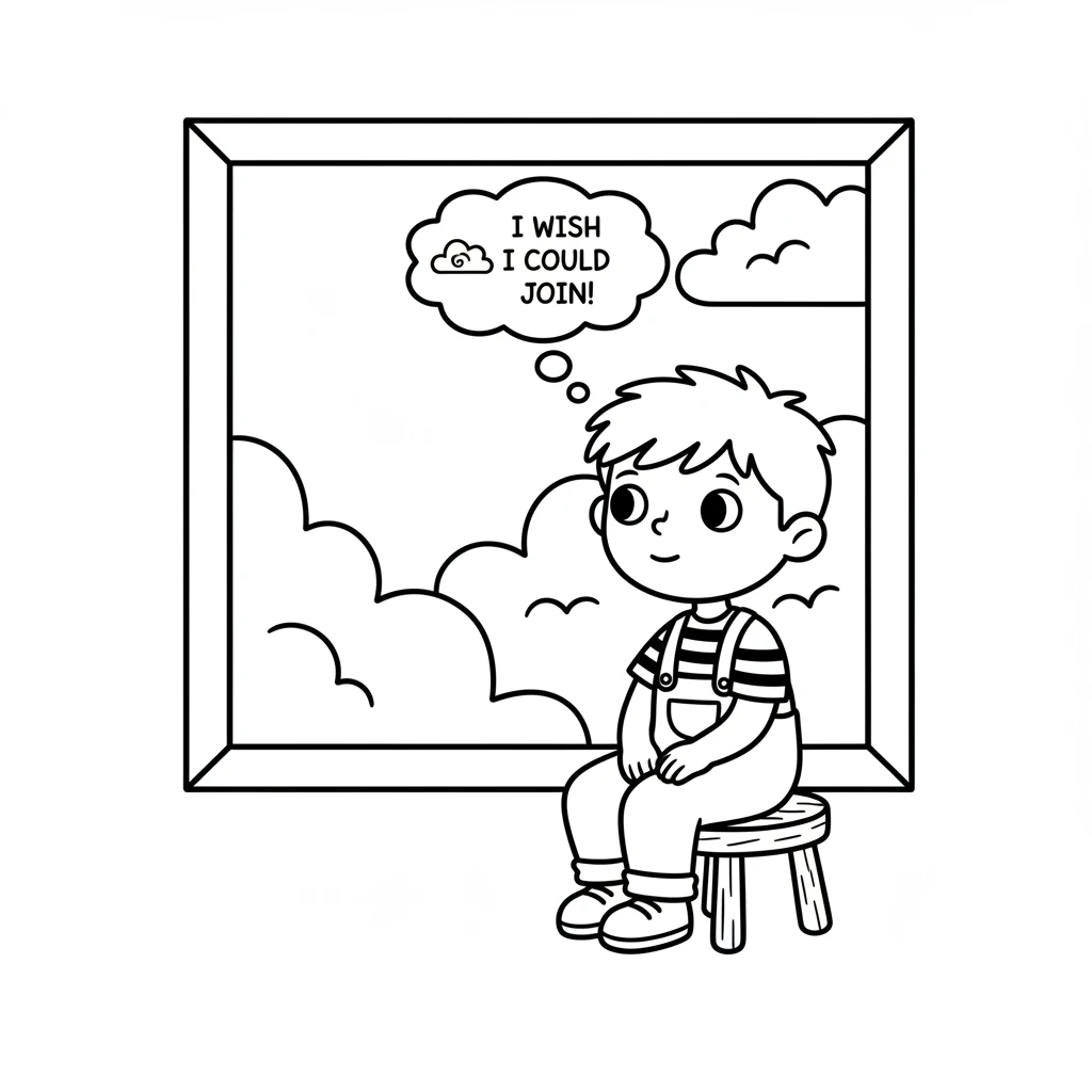 Barnaby sighs a tiny, silent sigh. He looks out the window at the bright blue sky and fluffy clouds. He wishes he could join the fun, or at least have