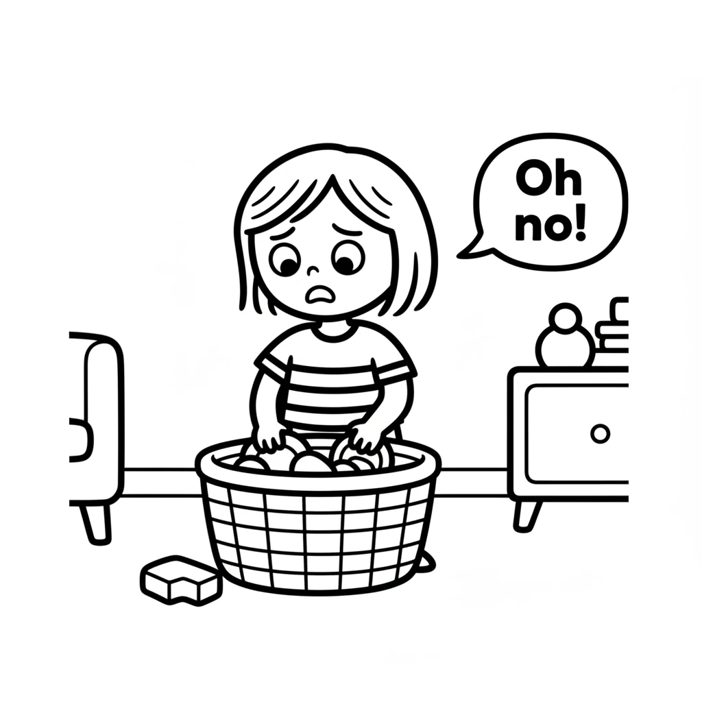 Lily suddenly stops playing. She looks around frantically, her hands searching through her toy basket. "Oh no!" she exclaims, her brow furrowed with w