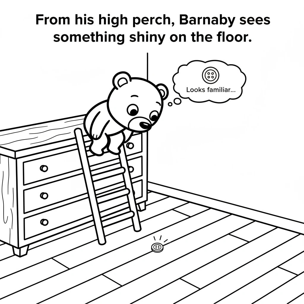From his high perch, Barnaby sees something small and shiny on the floor. It's a tiny, round button, glimmering faintly under the sunlight. It looks f