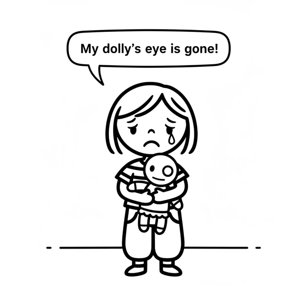 Lily is now very sad. She holds her favorite doll, a simple figure with a missing eye. "My dolly's eye is gone!" she whimpers, a tear rolling down her