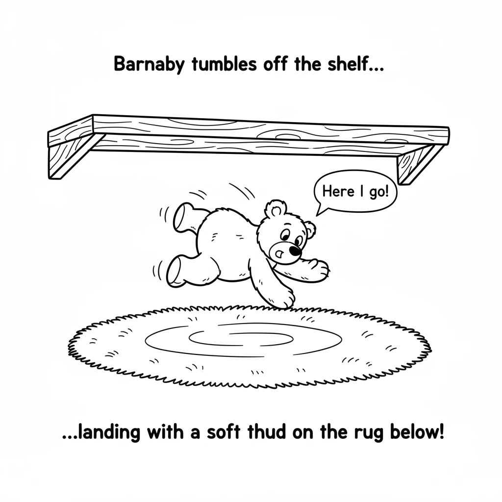 Barnaby knows what he must do! With a brave little wiggle, he tumbles off the shelf, landing with a soft thud on the rug below. He's a bit dizzy, but