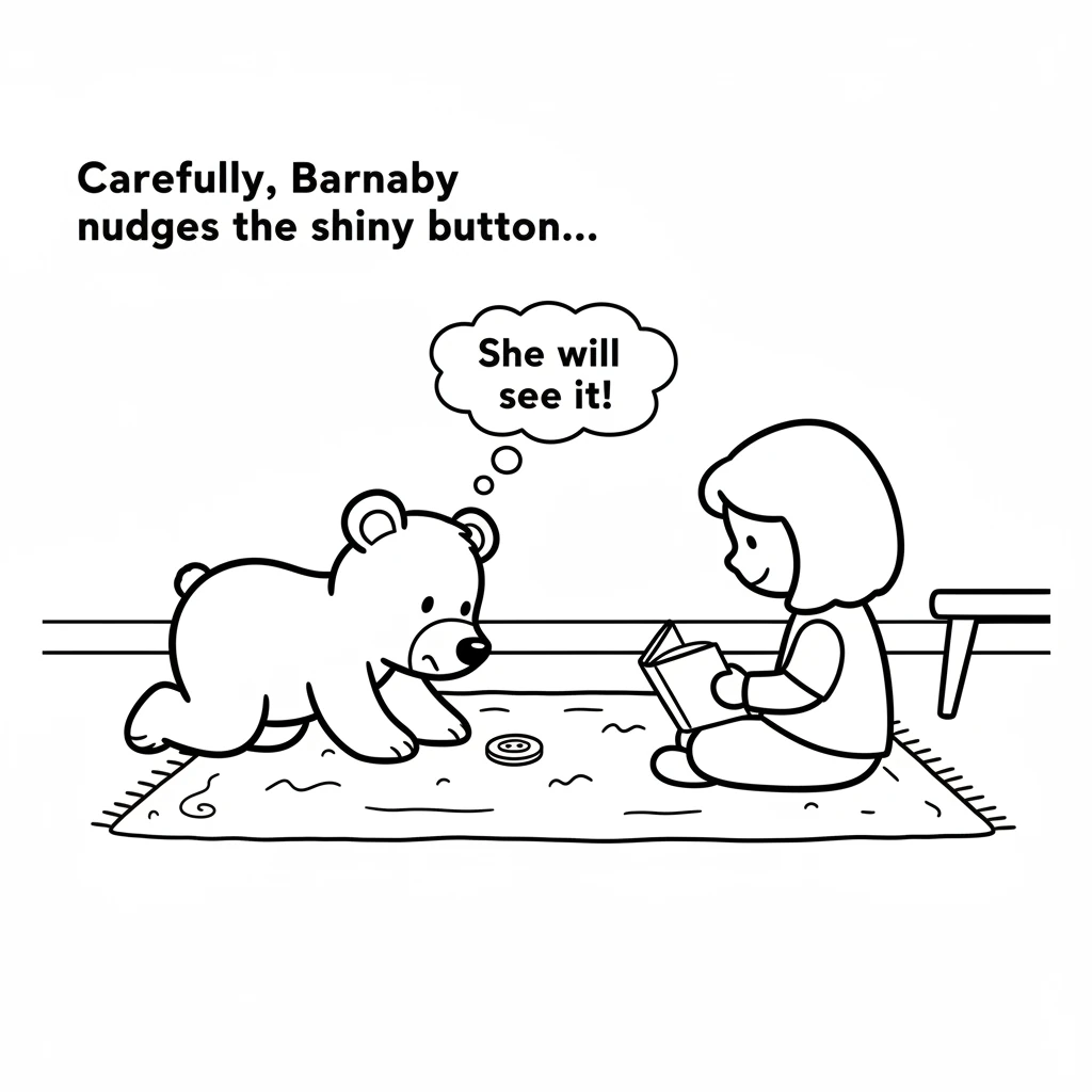 Carefully, Barnaby nudges the shiny button across the rug with his nose. It's a slow journey, but he pushes it closer and closer to where Lily is sitt