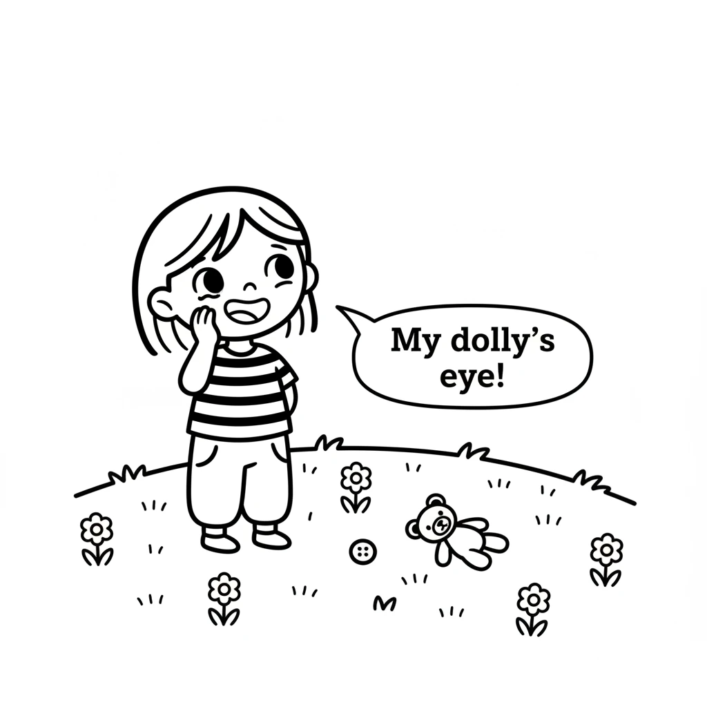 Lily looks up, wiping her tears. Her eyes widen as she spots the button, then Barnaby right beside it! A smile slowly spreads across her face. "My dol