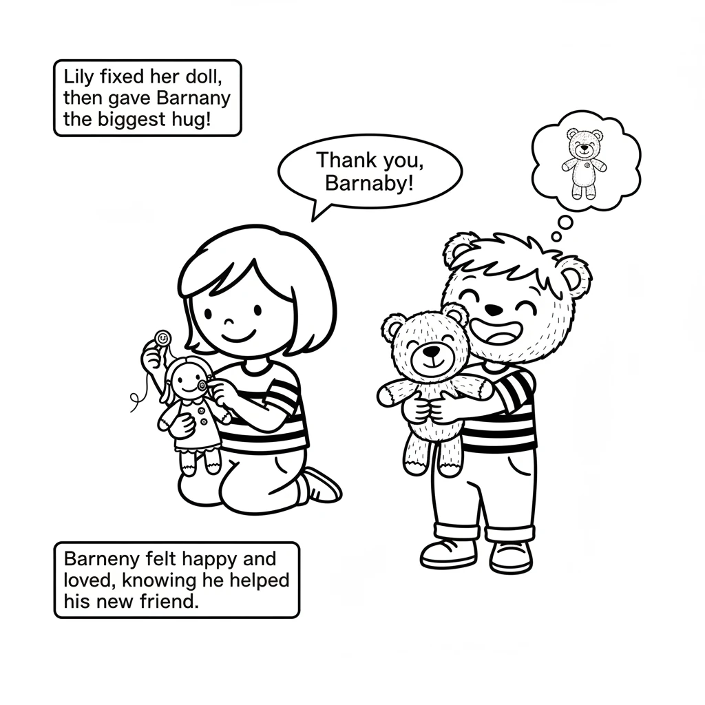 Lily gently picks up the button and carefully puts it back on her doll. Then, she scoops up Barnaby and gives him the biggest, warmest hug. Barnaby fe