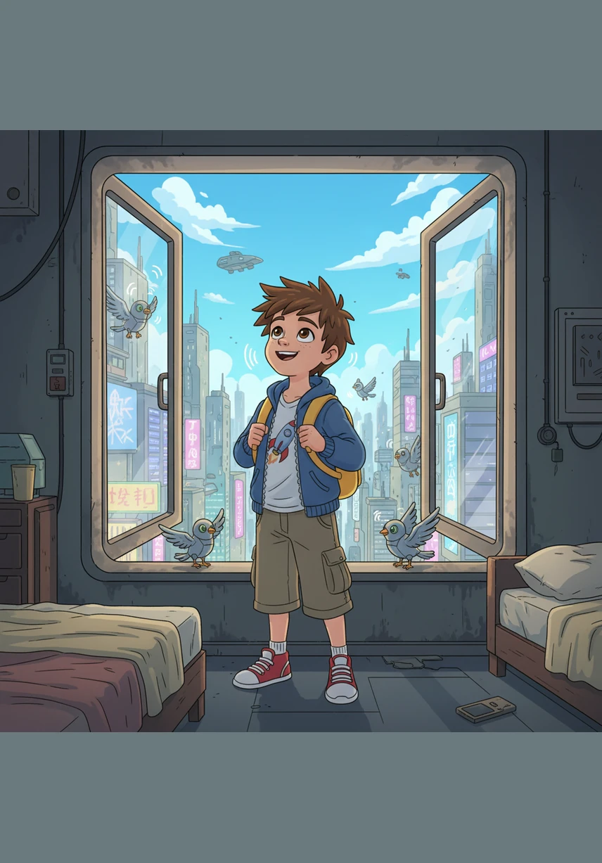 استيقظ سامي في صباح مشرق على أصوات العصافير العذبة وهي تغرد بجوار نافذته. نهض بحماس وفتح النافذة ليستنشق الهواء النقي ويشاهد السماء الزرقاء الصافية التي تبشر بيوم جميل مليء بالمغامرات.