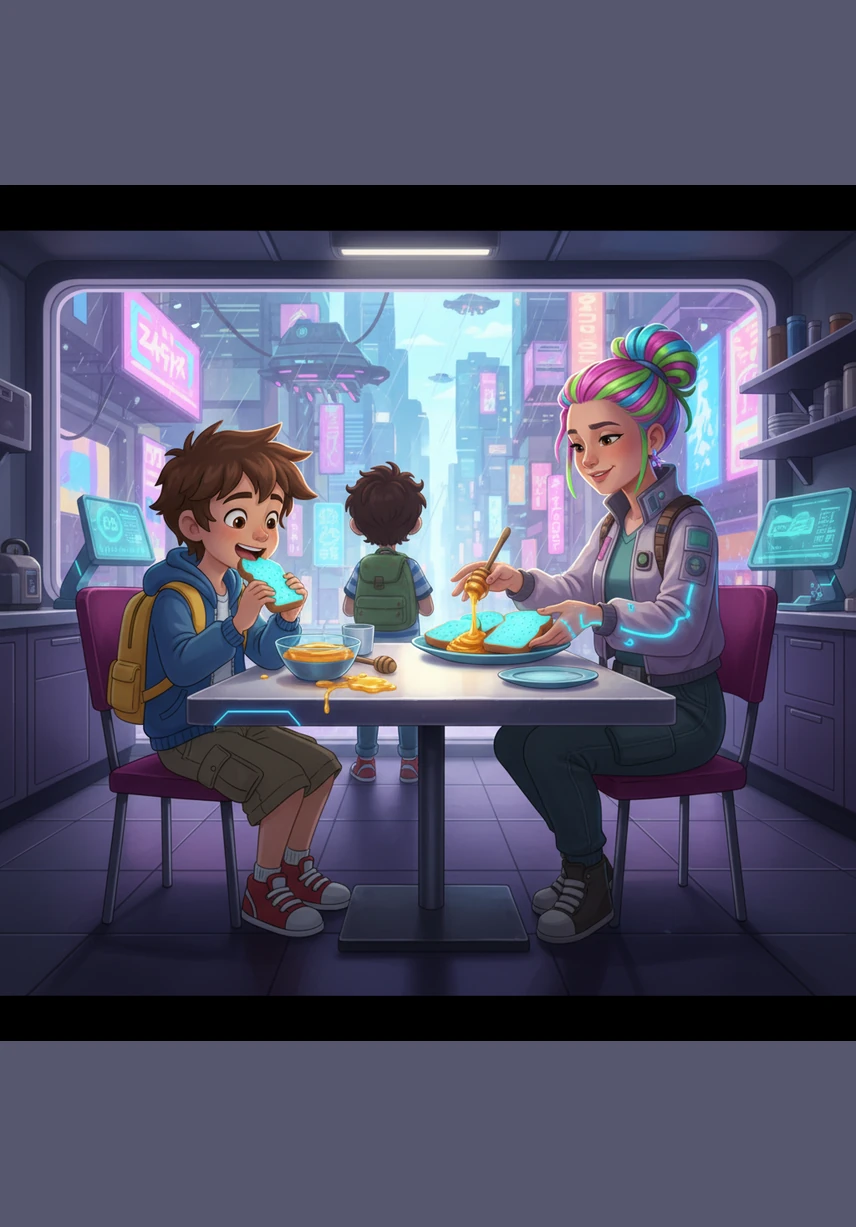 في المطبخ، كانت الأم تجهز مائدة الإفطار بكل مودة وحنان، وتضع الخبز الطازج والعسل الشهي أمام سامي. جلس الصغير يتناول فطوره بسرعة ونشاط، فقد كان يتطلع بشوق للذهاب إلى مدرسته ومقابلة زملائه.