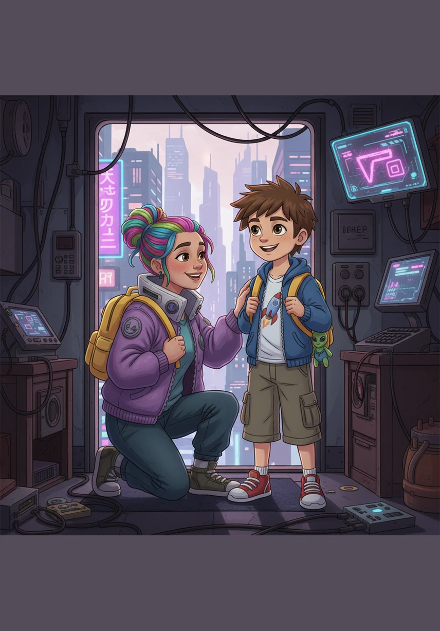 قبل أن يغادر سامي المنزل، نظرت إليه أمه بابتسامة حانية وذكرته بضرورة أن يكون مهذباً ولطيفاً مع الجميع. أجابها سامي بابتسامة واثقة ووعدها بأن يكون عند حسن ظنها، ثم حمل حقيبته الملونة وانطلق.