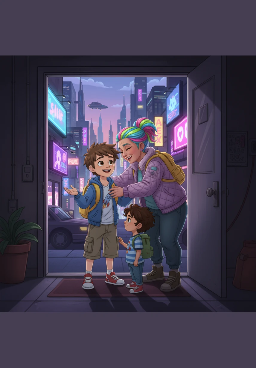 بعد انتهاء الدوام، عاد سامي إلى بيته وهو يشعر بالفخر والسعادة ليومه الحافل. استقبلته أمه عند الباب بلهفة، فبدأ يحكي لها بابتسامة كبيرة كل ما حدث معه، من دروس الصف إلى اللعب مع الأصدقاء.