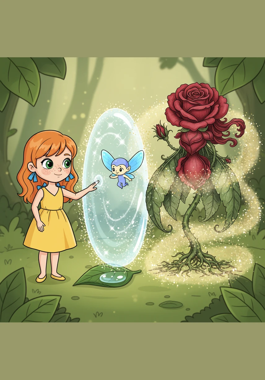With a gentle tap of her finger on a dewdrop, Lily watched as the water expanded into a shimmering, translucent doorway. The air around the rose began to swirl with sparkling dust, beckoning the brave girl to step through the threshold.