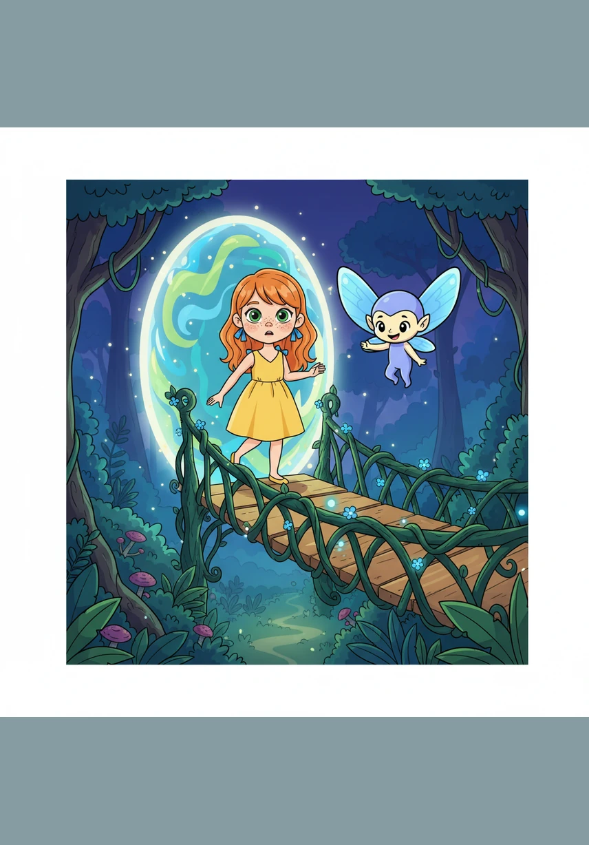 Lily stepped through the portal and found herself standing on a bridge made of woven vines overlooking a valley of glowing mushrooms. The sky above was a deep violet, filled with two moons and stars that danced in swirling patterns.
