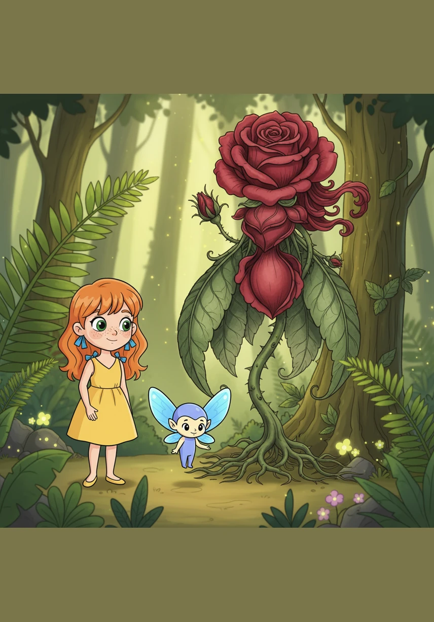 A tiny, sapphire-winged sprite named Pip fluttered down from a giant fern to greet her with a tiny bow. Pip explained that Lily was the first visitor in a hundred years and that her pure heart was the key to waking the sleeping magic.