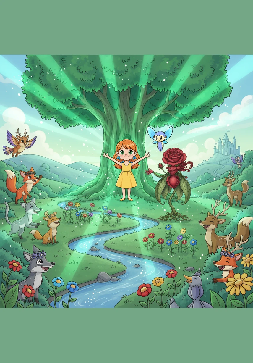 Suddenly, a wave of emerald light erupted from the tree, sweeping across the entire kingdom and restoring vibrant color to every flower and stream. The creatures of Aethelgard emerged from the shadows, cheering for the girl who had saved their world.