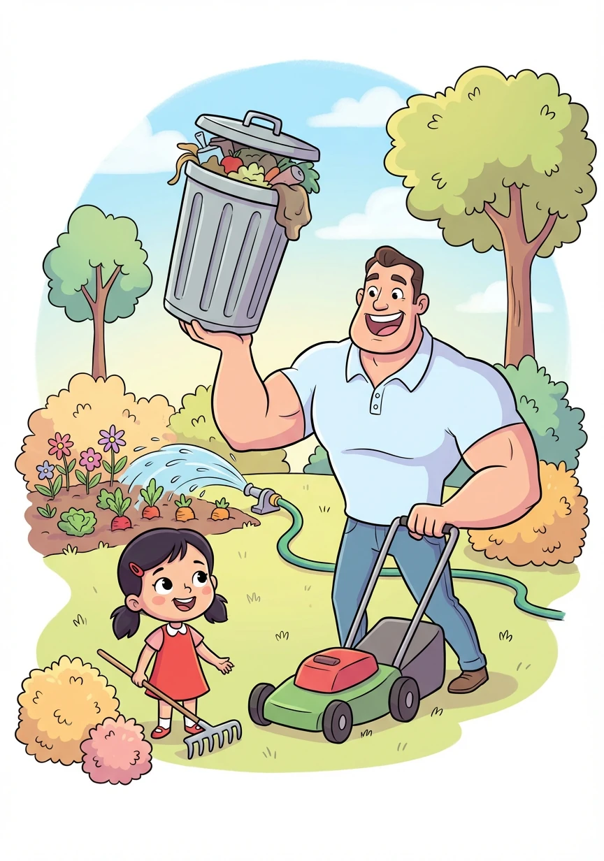 Papá es muy fuerte. Él saca la basura y corta el césped cuando está muy largo. También se asegura de que las plantas tengan suficiente agua.