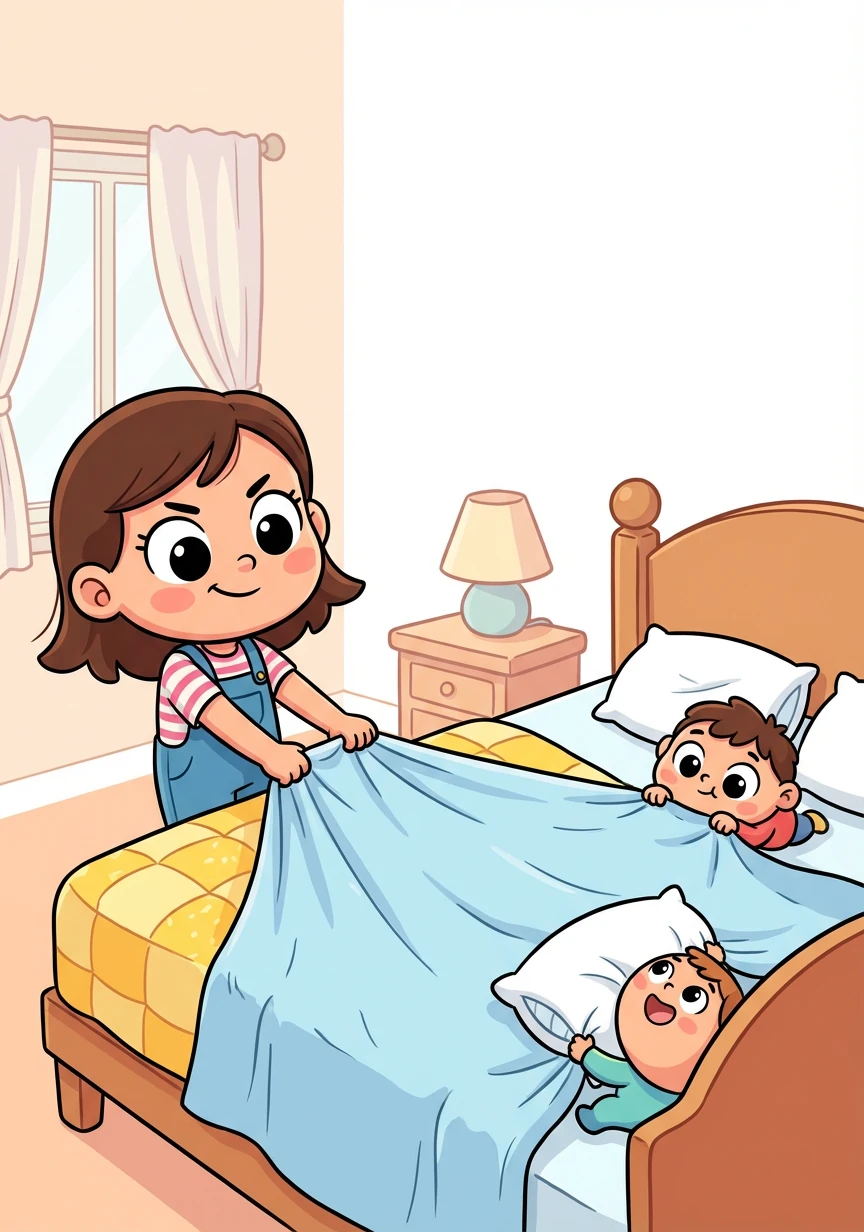 Mis hermanos y yo somos responsables de hacer las camas cada mañana. ¡A veces es un poco difícil estirar bien las sábanas!