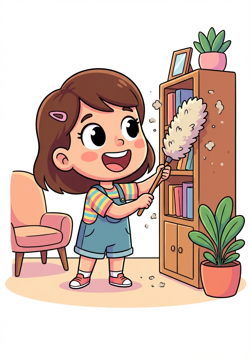 Los sábados, sacudimos los muebles para que no haya polvo. A mí me gusta usar el plumero, ¡hace cosquillas!