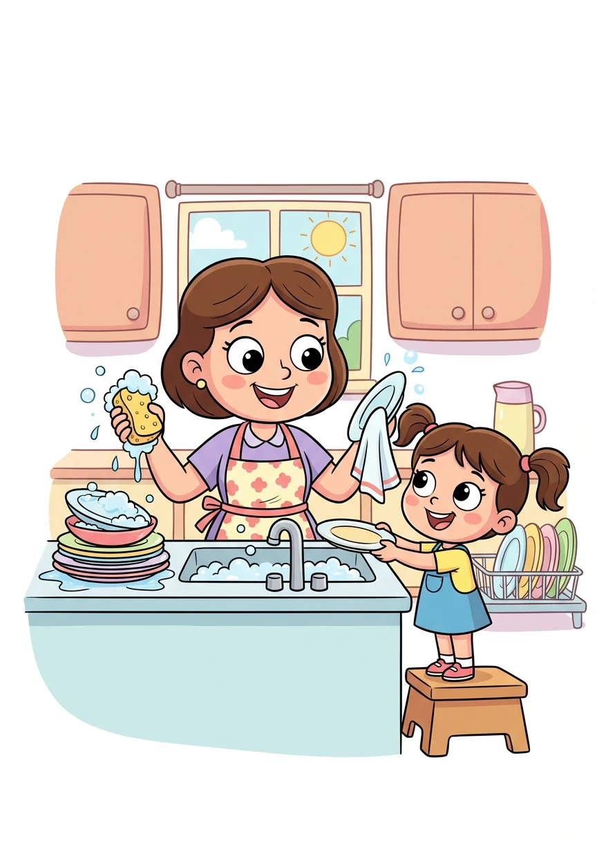 Mamá es la experta en la cocina. Ella lava los platos sucios y los seca para que estén listos para la próxima comida.