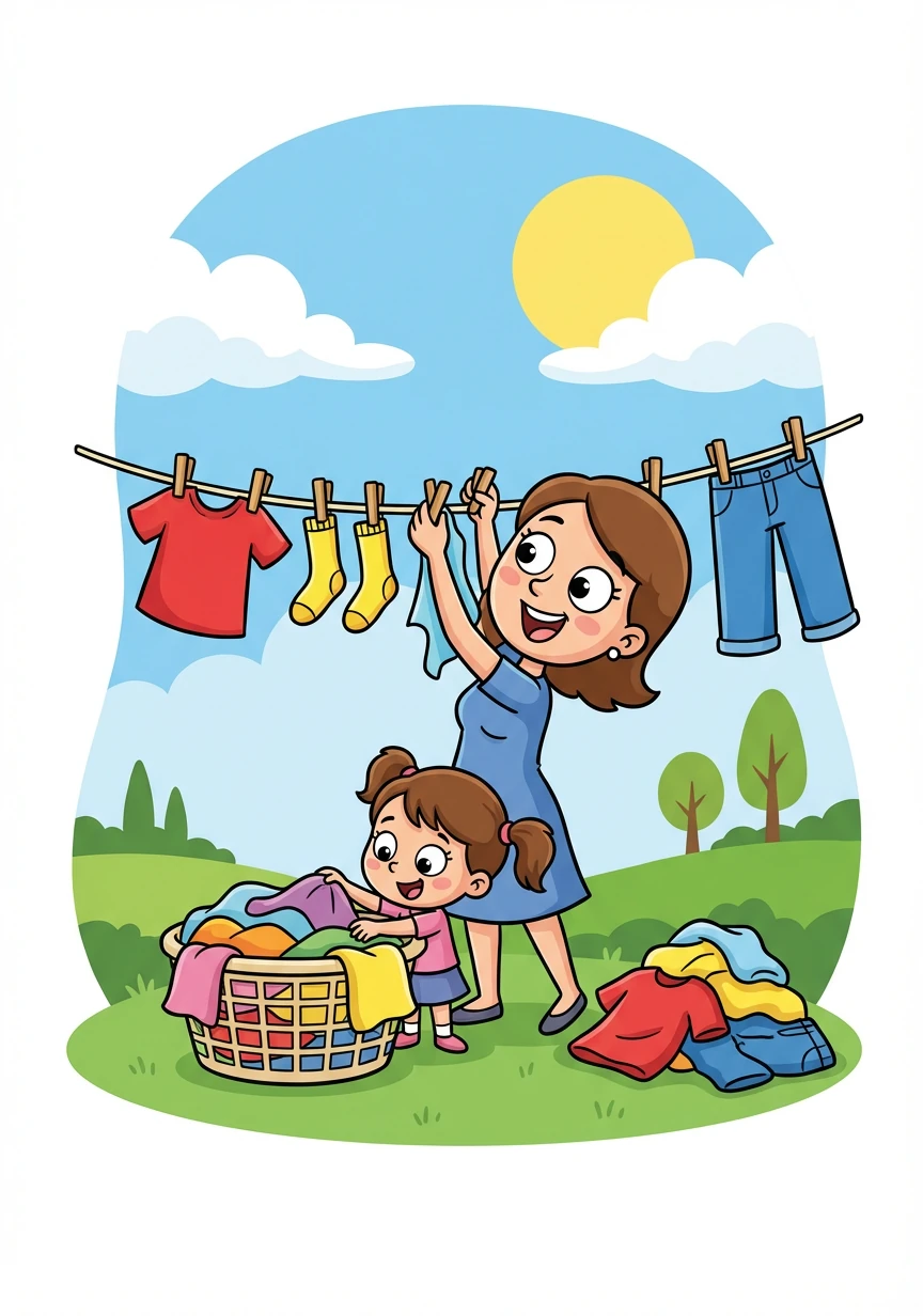 Mamá también lava la ropa. Separa los colores para que no se mezclen y luego la cuelga para que se seque al sol.