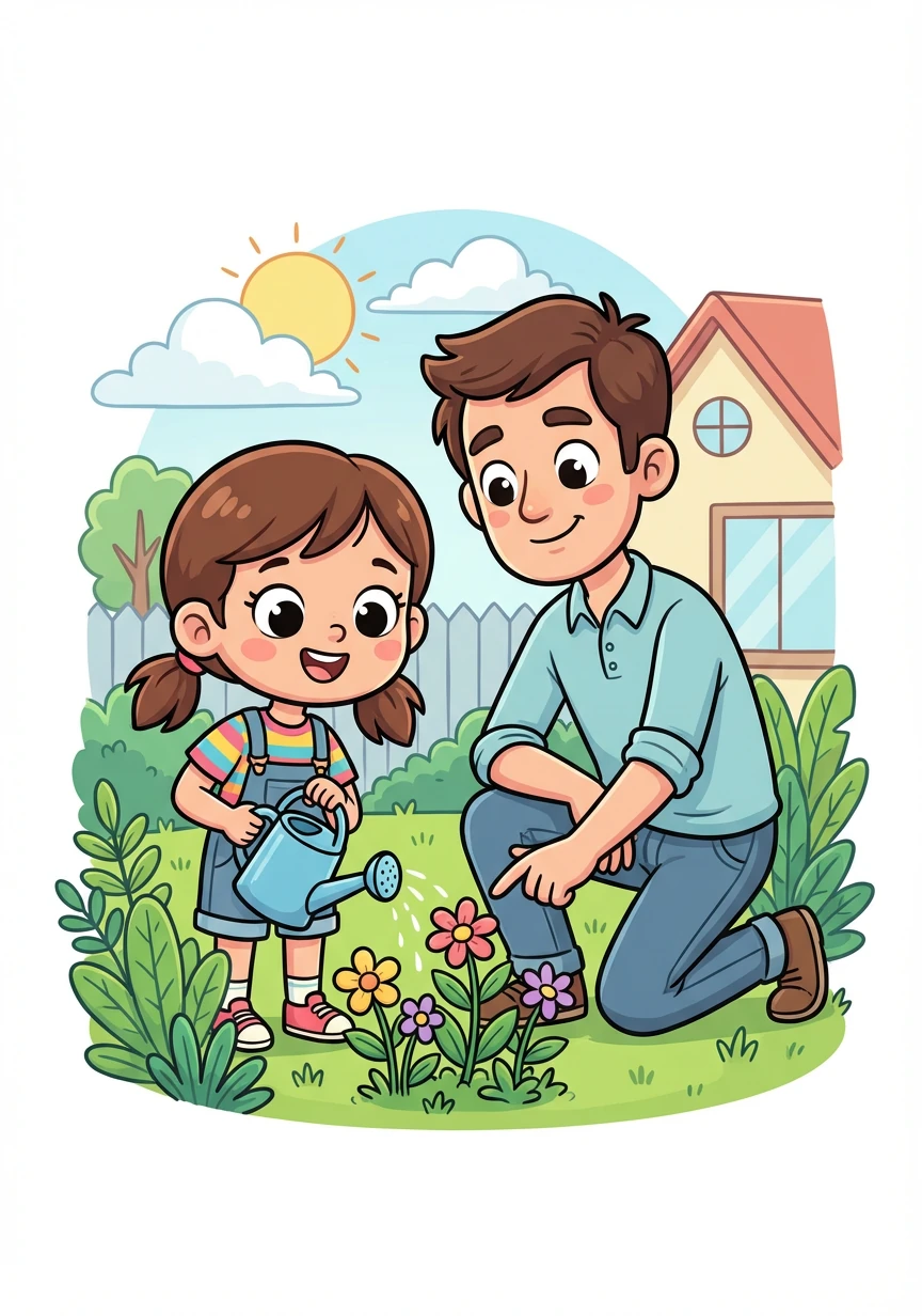 Un día, Sofía decide ayudar a su papá a regar las plantas. Se siente importante al verlas crecer gracias a su cuidado.