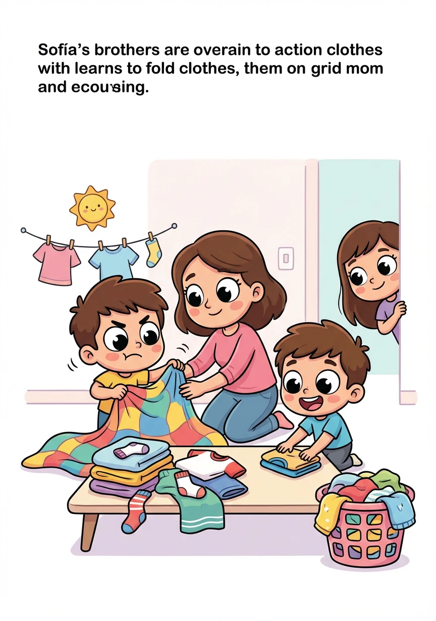 Los hermanos de Sofía aprenden a doblar la ropa con la ayuda de su mamá. Al principio es difícil, pero pronto se vuelven expertos.