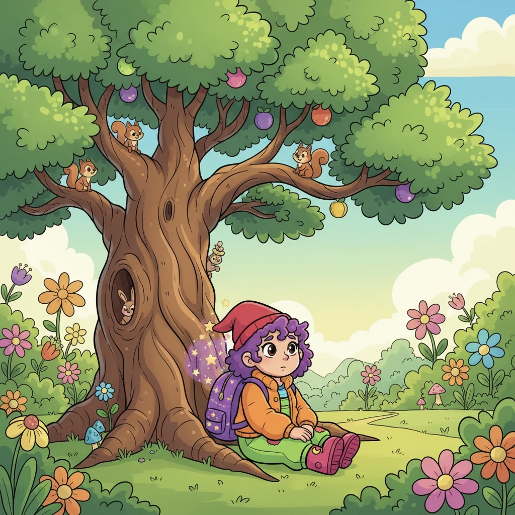 Lila, a girl with a bright red hat and a sparkling magical backpack, sat under a giant, swirly oak tree in her garden. She sighed, wishing for an exciting adventure to whisk her away. Her imagination was always buzzing with fantastic ideas, but today felt a little too quiet.