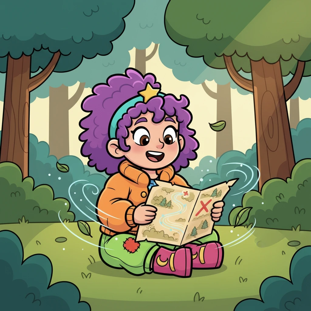 Suddenly, a gust of wind blew a crumpled, ancient-looking map right into her lap! It shimmered with faint, glowing lines and showed a path through a mysterious forest leading to a big 'X.' Lila's eyes widened with wonder.